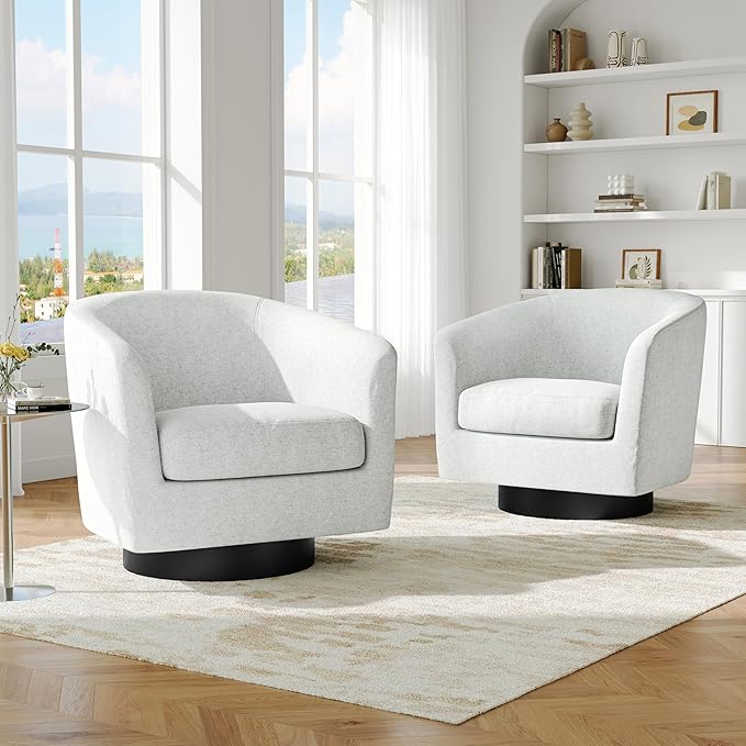 Swivel Barrel Accent Chairs Set of 2 Modern 360° Swivel Round Barrel Chair with Curve Back Upholstered Chenille Fabric Armchair Single Sofa Club Chair for Living Room Bedroom Beige