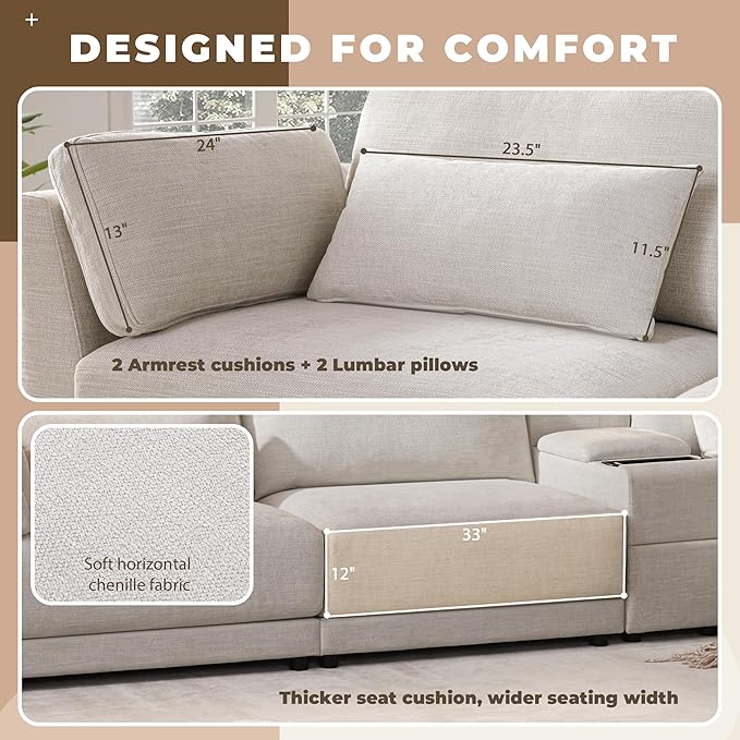 124'' Modular Sectional Sofa with Storage Console and Movable Ottoman 33'' Wide Seat 4 Seat L Shaped Chenille Couch Reversible Comfy Sofa with USB Charger for Living RoomApartment (Beige-K003)
