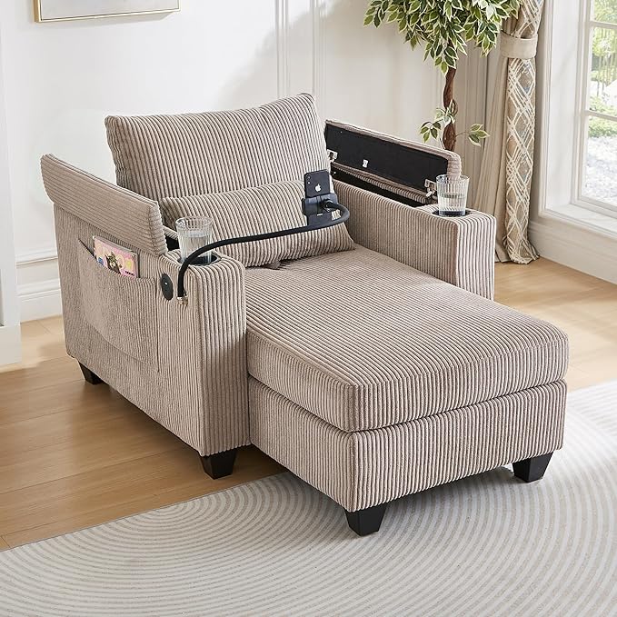 37.4 Versatile Chair Lounge Sleeper Daybed 2-in-1 Flexible Deep Seat Sofa Chair Convertible Recliner Chaise Lounge W/ Storage ArmsUSB PortsCupholdersPhone Holder Pockets for Living Room Bedroom