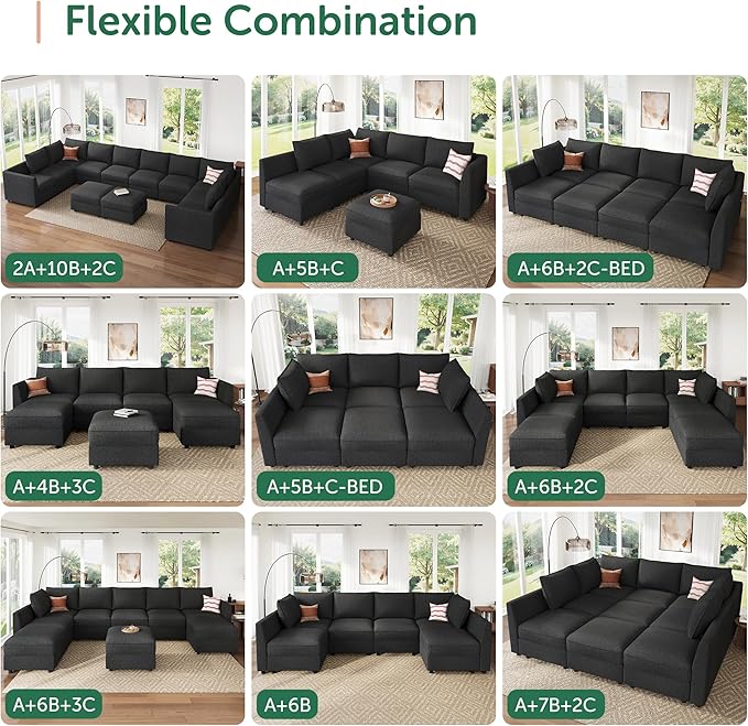 HONBAY Modular Sectional Sofa Couch with Storage Modern U Shaped Sectional Sofa Convertible Sectional Couch for Living Room - Linen Grey