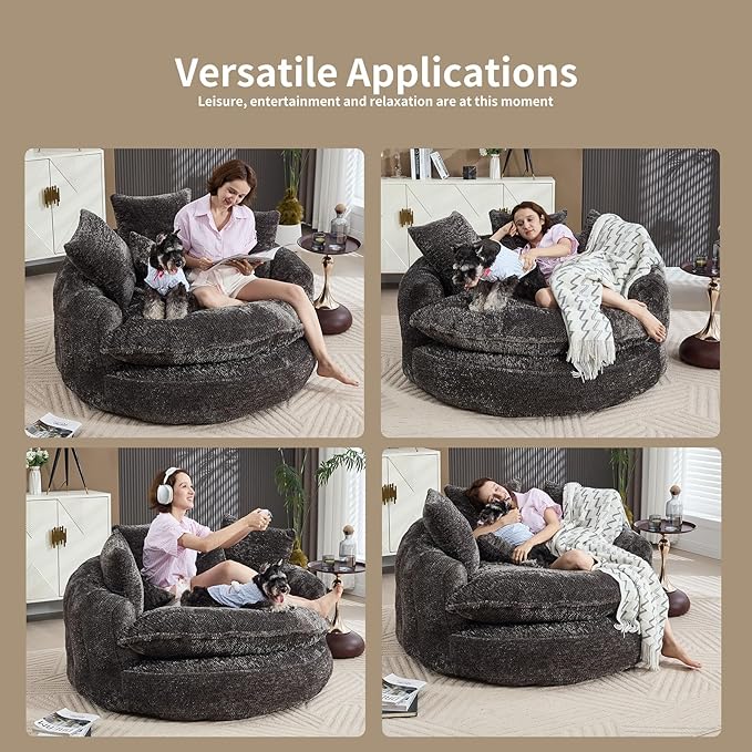 55 inch Oversized Round Chair Fluffy Chenille Boneless Sofa with Extra Deep Seat for Living Room Lounge (Grey)