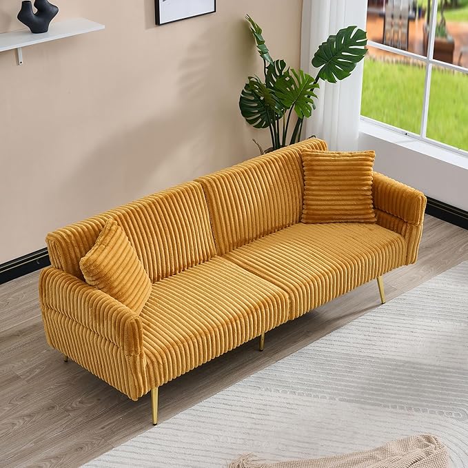 73 Convertible Futon Sofa BedComfy Teddy Fabric Sleeper Couch with 3 Reclining BackrestsGolden Chrome LegsModern Cloud Sofa Loveseat for Small Living Room Office (Yellow-Corduroy)