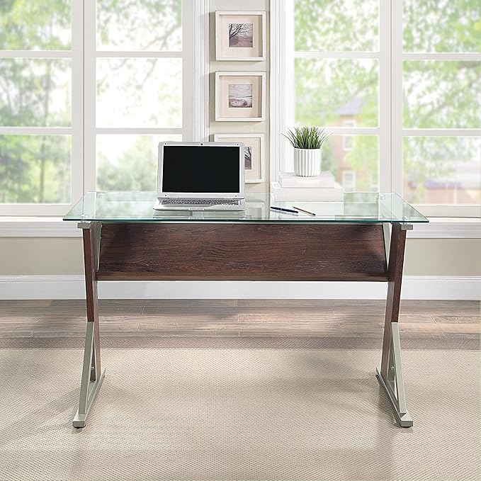 OSP Home Furnishings Zenos 48 Inch Desk with Floating Glass Top Traditional Cherry
