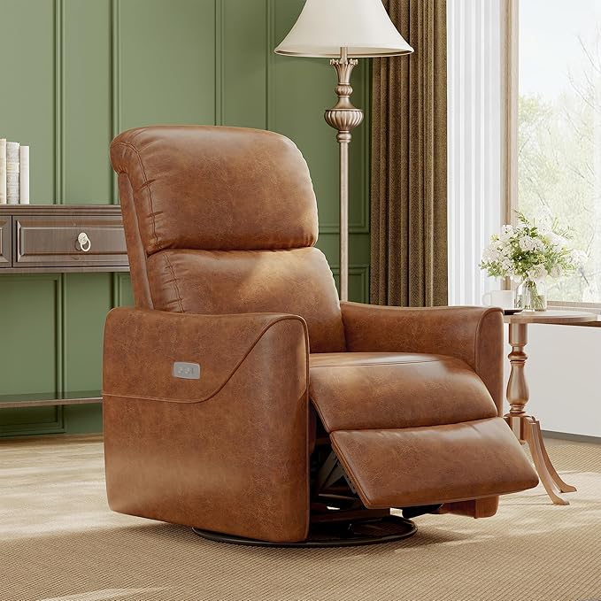 IDEALHOUSE Power Swivel Glider Recliner with Lumbar Support - Electric Rocking Chair Faux Leather Upholstery USB Charging Nursery Recliner for Living Room Bedroom