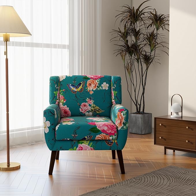 Accent Chair Modern Linen Blend Arm Chair for Living Room Bedroom Comfy High-Resilient Sponge Reading Chair for Small Spaces (Pattern Floral Blue Set of 1)