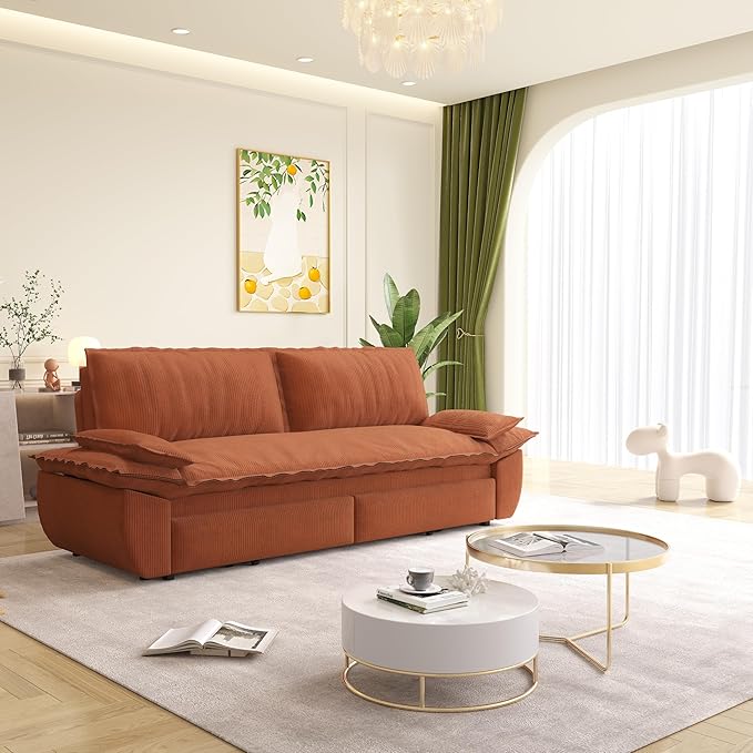 Cilee 73.2 Folding Sofa Bed 3-in-1 Convertible Loveseat Sleeper Sofa Pull Out Futon Sofa Comfy Floor Couch with Storage Pocket &amp 2 Pillows Love Seats Furniture for Living Room Corduroy Oran