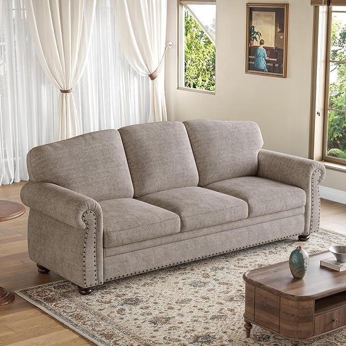 ONBRILL 90 Inch Rolled Arm Sofa for Living Room Deep Seat Nailhead Trim Couch Comfy 3 Seater Chenille Couch w/Wooden Leg Springs Seat Cushion Large Traditional Sofa for Farmhouse Beige