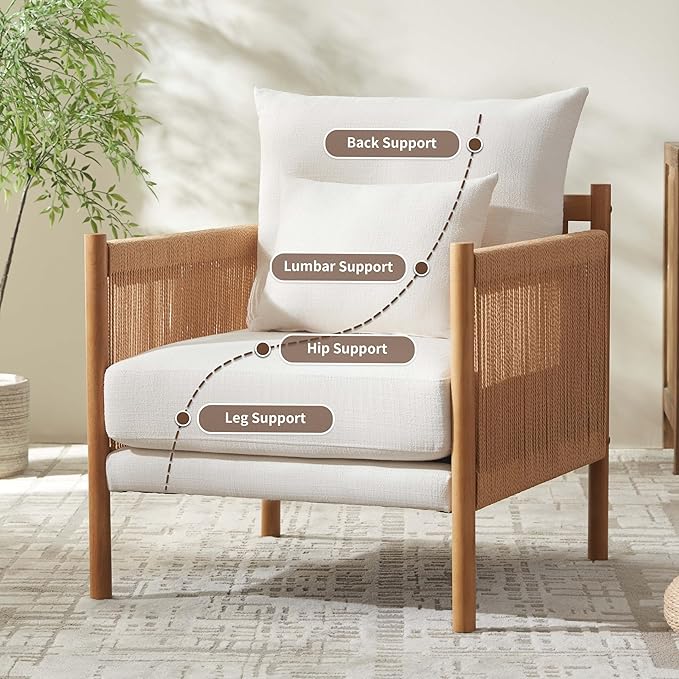 VKNOW Braid Armchair Boho Accent Chair Set of 2 with Solid Wooden Backrest and Armrest Rattan Chair with Waist Pillow for BedroomLiving RoomReading Room White