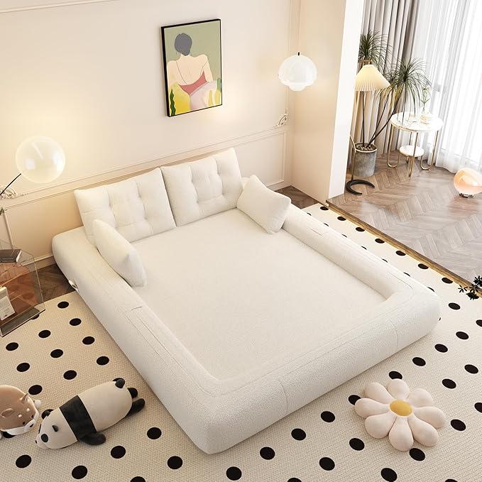 78.7 Folding Sofa Bed Queen Foldable Floor Futon Sofa Sleeper Convertible Boneless Mattress Loveseat Cloud Couch for Home Living Room Bedroom Lounge Apartment and Small Spaces Beige Teddy