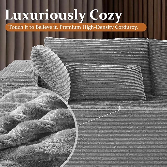 37 Cloud Sectional Couch Ottoman for Living Room Extra Deep Seats No Assembly Minimalist Modular Couch Corduroy (Light Grey Single Ottoman)