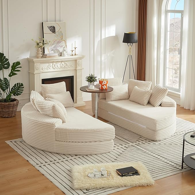 78.5 Oversized Round Chaise LoungeModular Convertible 2-in-1 Sofa Bed Upholstered CorduroyBoneless Plush Couches with PillowNo Assembly RequiredBeige