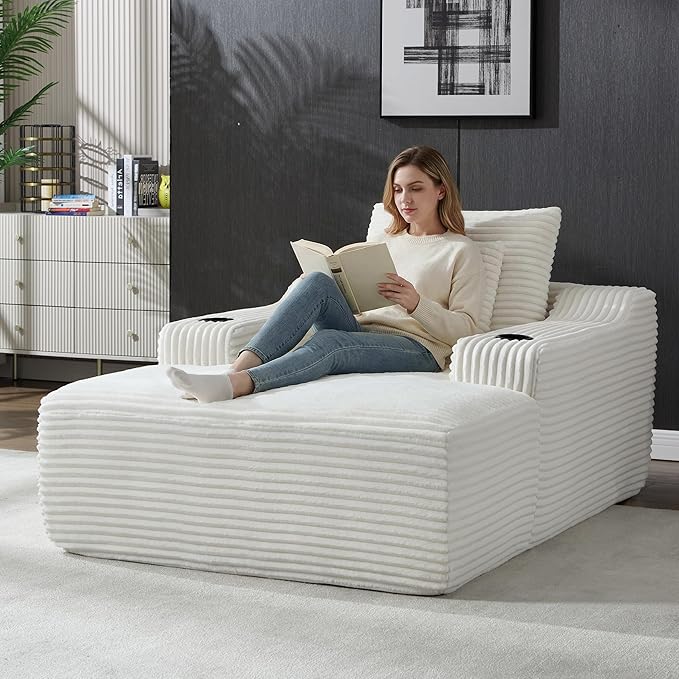 Boneless CouchComfy Fluffy Sofa BedUpholstered Sleeper Sofa Couch with Throw Pillows and ArmrestsCorduroy Plush Cloud Couches with Cup Holder White