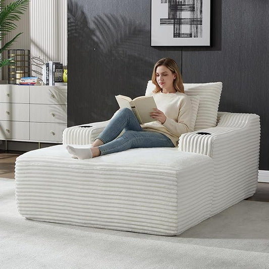 Boneless CouchComfy Fluffy Sofa BedUpholstered Sleeper Sofa Couch with Throw Pillows and ArmrestsCorduroy Plush Cloud Couches with Cup Holder White