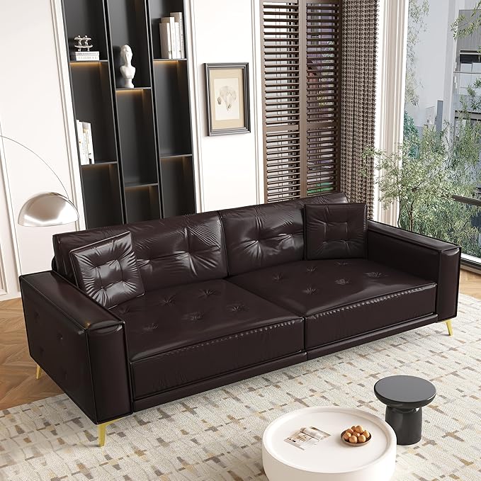 KEIKI 92.1 King Size Pull Out Sofa Bed 3-in-1 Faux Leather Convertible Sleeper Clouch with 2 Pillows 4-Seater Sofa Bed for Living Room Apartment Office Dark Brown