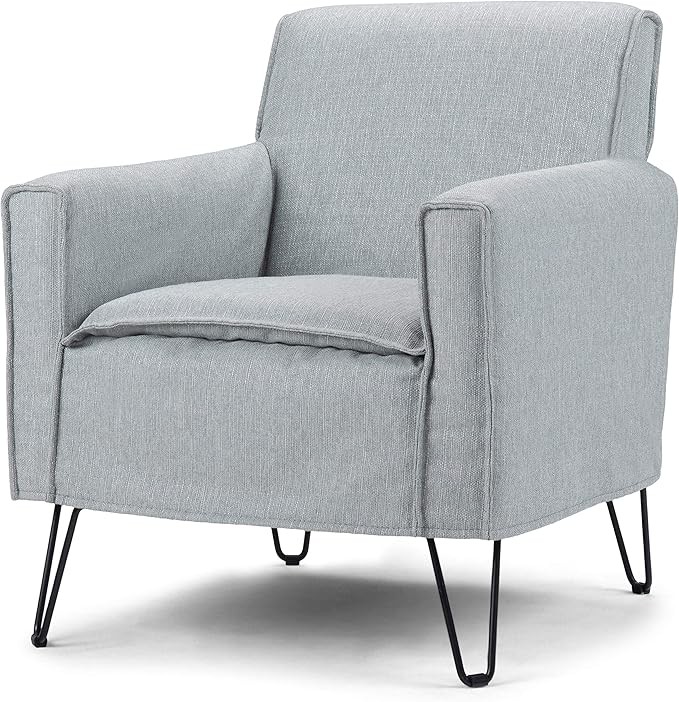 SIMPLIHOME Warren 28 inch Wide Mid Century Modern Accent Chair in Woven Fabric in Cool Grey with Removable Slip Cover Metal Hairpin Legs Simple Assembly Just Attach Legs