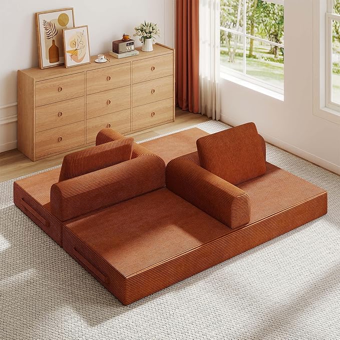 Convertible Sleeper Sofa Bed 3-Seat Corduroy Futon Couch with Cylindrical Pillow Foldable Mattress for Living Room &amp Bedroom 79 Inch Multi-Functional Sofa (Orange)