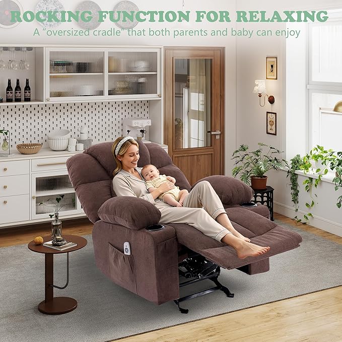 Manual Recliner Chair Rocker Recliner with Vibration Massage &amp Heat Ergonomic Reclining Fabric Living Room Chairs for Bedroom Nursery Single Sofa with 4 Pockets 2 Cup Holders Brown