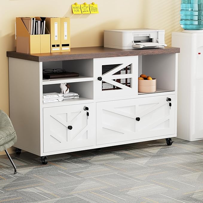 Lockable 2-Drawer Lateral File Cabinet with Open Storage Shelves Rolling Filing Cabinet for Home Office Holds Letter/Legal/A4 Files Heavy Duty Mobile File Cabinet White and Brown
