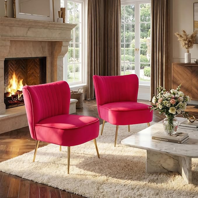 DUOMAY Modern Accent Chair Set of 2 Velvet Slipper Chair with Gold Legs Wingback Side Chair for Living Room Bedroom Entryway Small Corner Chair for Space Saving Rose Red