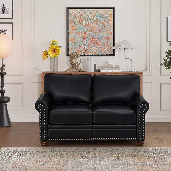 Loveseat Velvet Fabric Two- Seater Couch Buckle Design and Rivet Decoration Deep Seated Double Sofa Suitable for Living Room Bedroom Apartment Hotel etc (black-07)