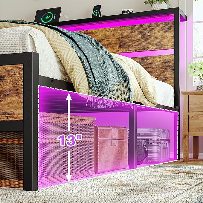 Full Size Bed Frame with LED Lights &amp Charging Station Bed Frame Full with Headboard13 Under Bed Storage Noise-Free Heavy Duty Metal Support Modern Brown