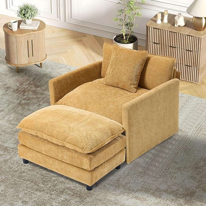TTK Oversized Chaise Lounge Chair with Ottoman - 39.17 Wide Modern Sleeper Sofa for Living Room Bedroom &amp Office - Deep Seat Sectional Couch with Pillow Comfortable Reading Chair (Yellow 39.17