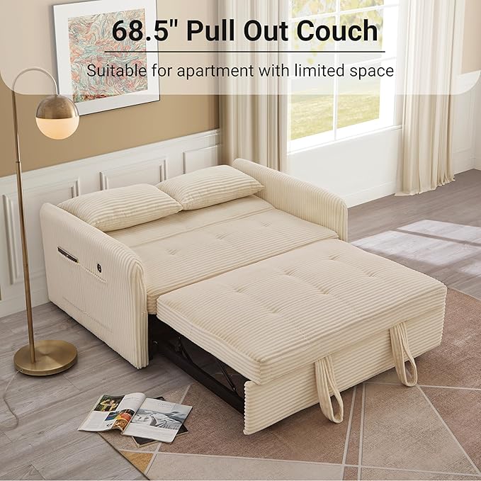 55.5 Corduroy Convertible Sofa Bed Pull Out Sleeper Sofa Bed Loveseat Couch with USB Charging Ports 3 in 1 Convertible Sleeper Sofa Bed for Living Room Apartment Bedroom RV Beige