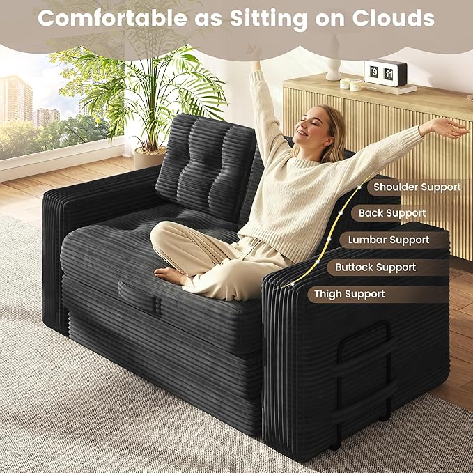 Convertible Sofa Bed 2 in 1 Boneless Couch Bed with 2 Pillows Corduroy Pull out Couch Folding Sofa Bed with Deep Seat Small Loveseat Sleeper Sofa Bed in a Box for Small Spaces No Assembly Required