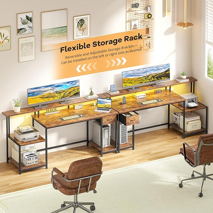 55 Inch Computer Desk with DrawerOffice Desk with Printer Storage Shelves &amp File CabinetGaming Desk with LED &amp Power OutletStudy Table with Monitor Shelf for Home Office Dorm BedRoom Rustic