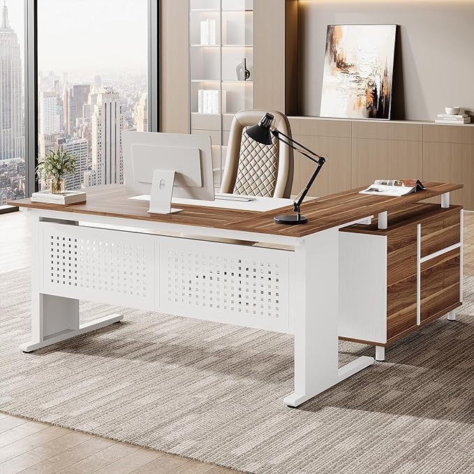 Tribesigns 63-Inch L-Shaped Executive Desk with Storage Shelves Large Office Computer Desk with Drawers and File Cabinet Industrial Business Workstation for Home Office Walnut and White