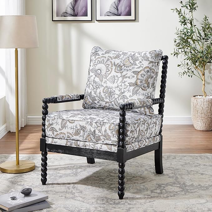 Roundhill Furniture Belvoir Upholstered Spool Accent Chair with Turned Wood Frame Floral with Black Finish