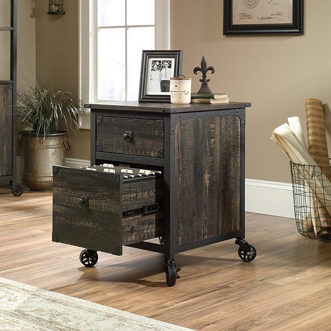 Retro Mobile File Cabinet with Wheel 2 Drawers Rolling Filing Cabinet Wood Printer Stand Office Pedestal Files for Home Office A4 Letter-Size Documents
