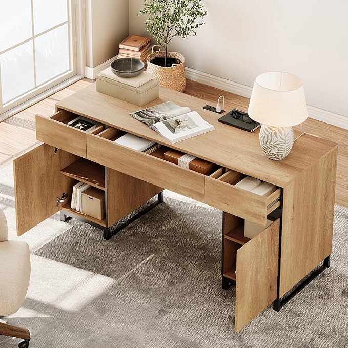WAMPAT 59 Modern Executive Desk with Drawers Home Office Computer Desk with Charging Station File Drawer Storage Cabinet Wood Writing Desk for Work and Study Oak