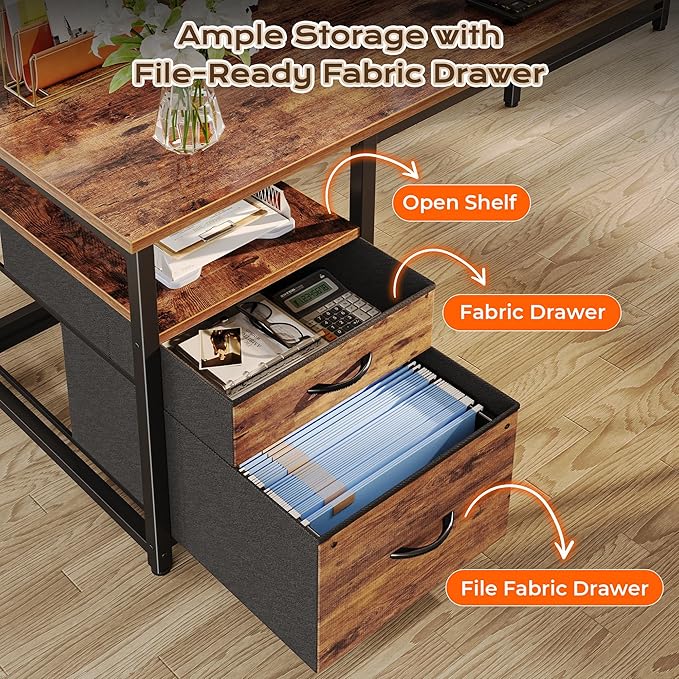 PRAISUN 63 Inch L Shaped Desk with Power Outlets and USB-C Port Computer Corner Home Office Desk with File Fabric Drawers and Movable Monitor Stand Larger Storage Gaming Writing Rustic Brown