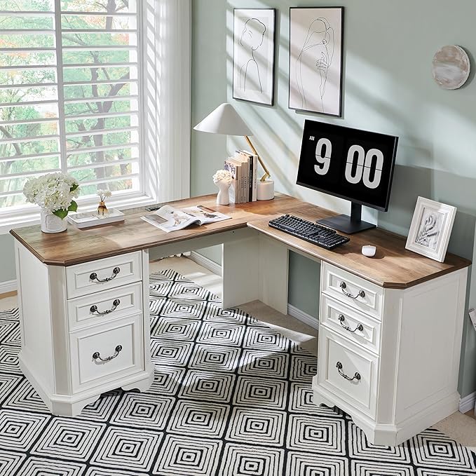 T4TREAM 59 Executive L Shaped Desk with DrawersFarmhouse Wood Computer Corner Desk Featuring Charging StationFile Drawer Storage Cabinetfor Home Office Work and Study (Antique White)