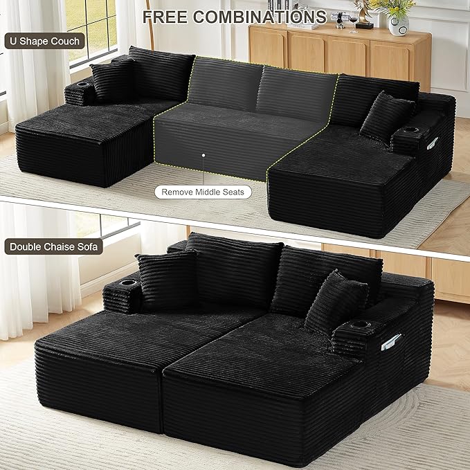 GNIXUU 133.5 Oversized U Shaped Black Boneless Sectional Couch with Cup Holders Modular Sectional Cloud Sofa with Storage Pocket Deep Seat Plush Corduroy Couches for Living Room No Assembly! | eas