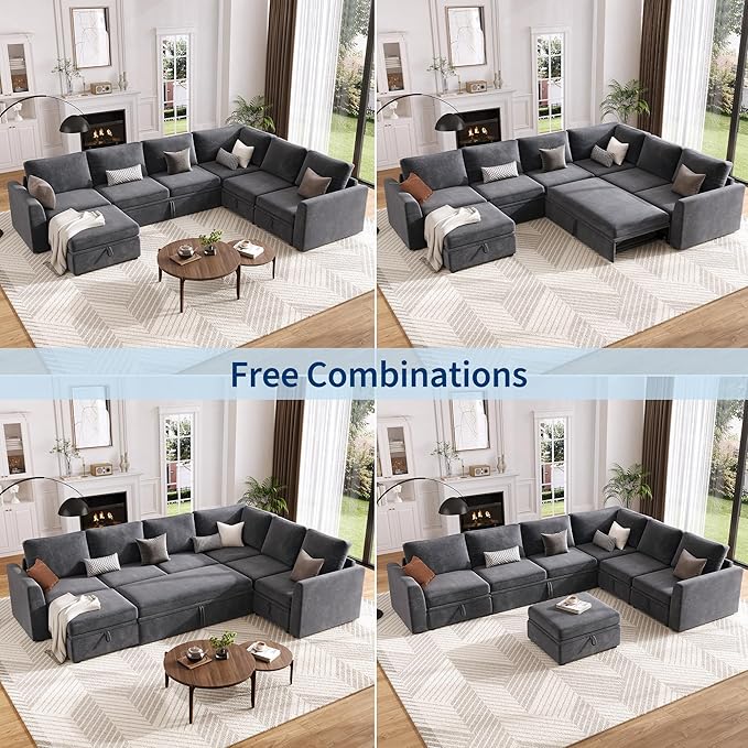 Garvee Sectional Sleeper Couch with Pull Out Sofa Bed Corduroy Modular Sectional Sofa L Shaped 5 Seat Couch with Storage Seat Sectional Couches for Living Room