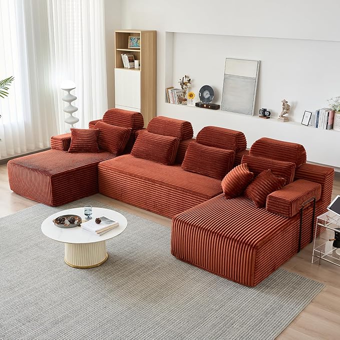 141″ Cloud Modular Sectional Sofa U Shaped Sectional Couches with Reversible Chaise Boneless Couch for Living Room 28 Deep Seat Corduroy Couch in a Box No Assembly Required Orange