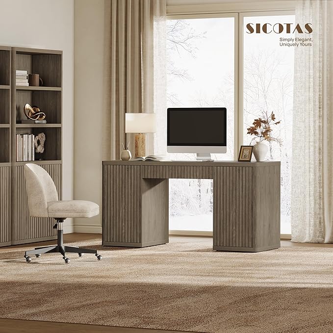 SICOTAS 61 Large Office Computer Desk with Storage Modern Home Office Desks with Drawer &amp Doors Fluted Desks Executive Desk Wooden Writing Table Vanity Table for Living Room Bedroom Grey Alder