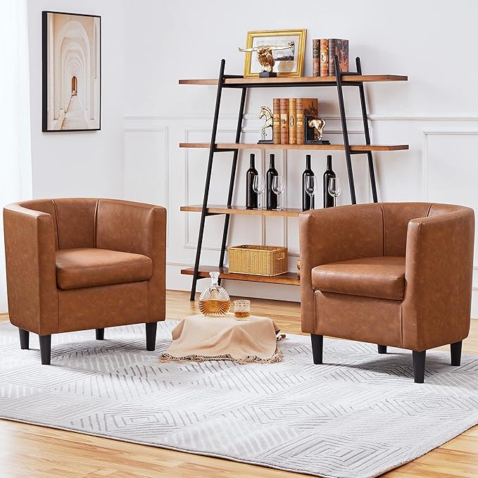 Yaheetech Accent Chair PU Leather Modern and Comfortable Armchairs Upholstered Barrel Sofa Chair for Living Room Bedroom Waiting Room 2PCS Brown