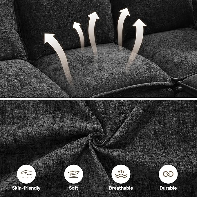80 Cloud 3 Seater Sectional Modular Couch with Storage Ottoman Upholstered Storage Sofa Modern Couch Deep Seat Chenille L Shape Sofa Comfy Couches with Armrests for Living Room Small Space Black
