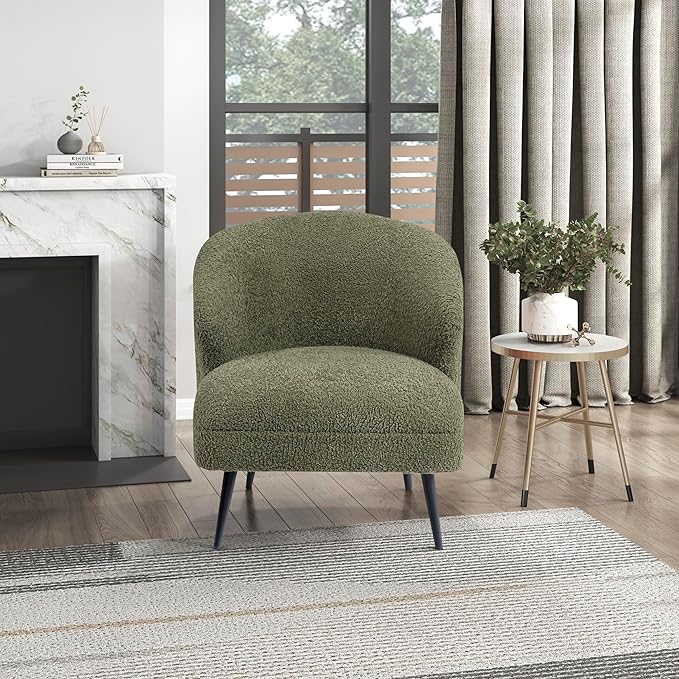 Lexicon Modern Accent Chair Boucle Fabric Upholstered Single Sofa Chair with Curved Back for Living Room/Bedroom/Office/Apartment Green