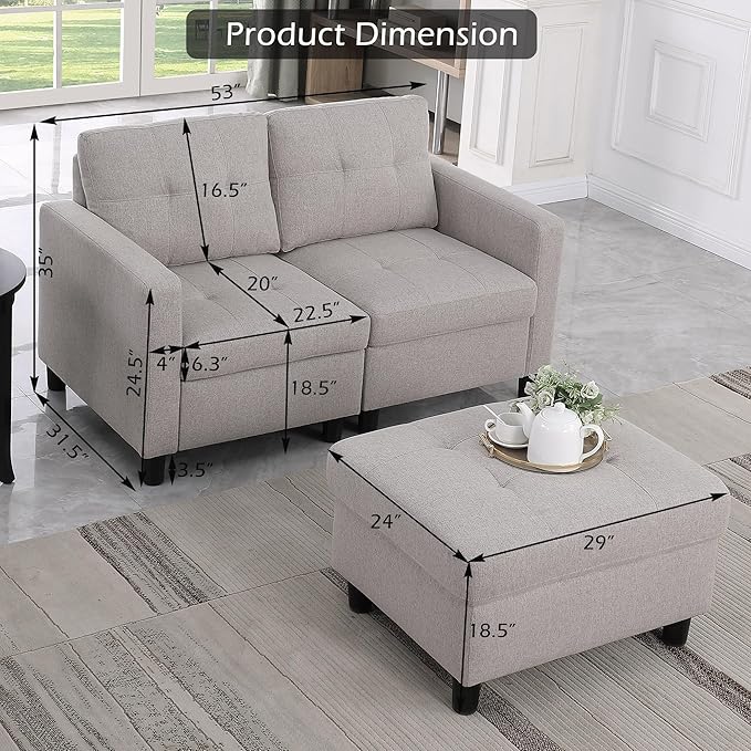 BEEY Loveseat with Ottoman Small Couch 52 W Sectional Sofa Set Modular L-Shape Sofa Couch with Reversible Chaise Living Room Furniture for Apartment in Grey