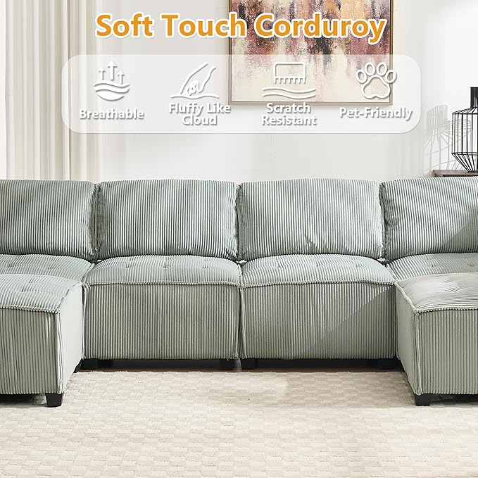 121 Inch Cloud Modular Sectional Sofa Oversized U Shaped Modular Couch with Reversible Chaise 6 Seat Comfy Convertible Sectional Sofa with Ottoman for Living Room Mint Green