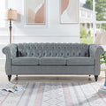 GDFStudio 85 Tufted Button Chesterfield Sofa with Deep Seat Cushions Rolled Arms &amp Gold Accent Strip 3-Seater Midcentury Modern Sofa for Living Room Classic Couch Furniture Gray + PU