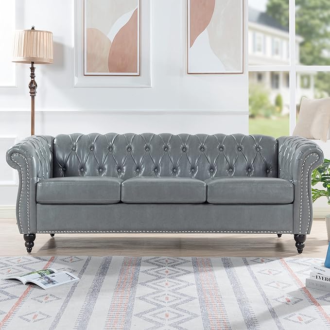 GDFStudio 85 Tufted Button Chesterfield Sofa with Deep Seat Cushions Rolled Arms &amp Gold Accent Strip 3-Seater Midcentury Modern Sofa for Living Room Classic Couch Furniture Gray + PU