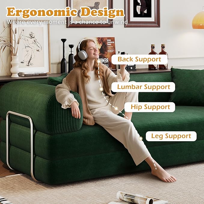 4-in-1 Corduroy Convertible Sleeper Sofa Bed 78.8 Boneless Couch with Pull-Out Bed No Assembly Required Futon Loveseat Floor Mattress with Stainless Fixed-Shape Frame for Living Room (Green) | Clo