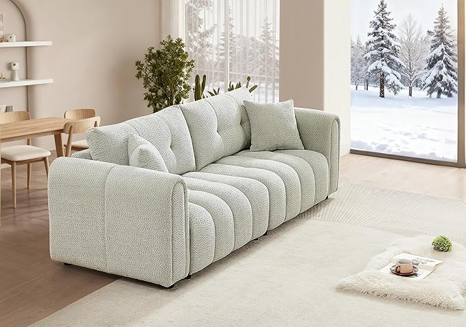 Mid Century Modern Boucle Sofas for Living Room 3 Seater Couch with Deep Seat Comfy Sherpa Cloud Couch Oversized Loveseat for Apartment Bedroom Home Office 91.5 Inch Mint Green