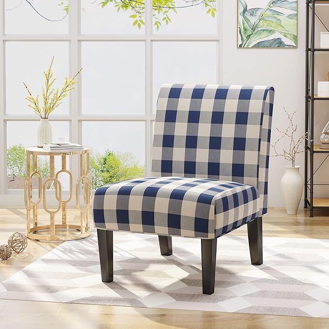Christopher Knight Home Kendal Accent Chair Upholstered Farmhouse-Style Blue Checkerboard Matte Black Rubberwood Legs 29.2D x 22.5W x 32H in