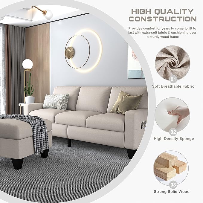 78'' Convertible Sectional Sofa Couch: Beige 3 Seat L-Shaped Sofa Couches with Storage Ottoman and Pockets - Modern Linen Upholstered Sofa Couch Sets for Living Room Office Apartment Small Space